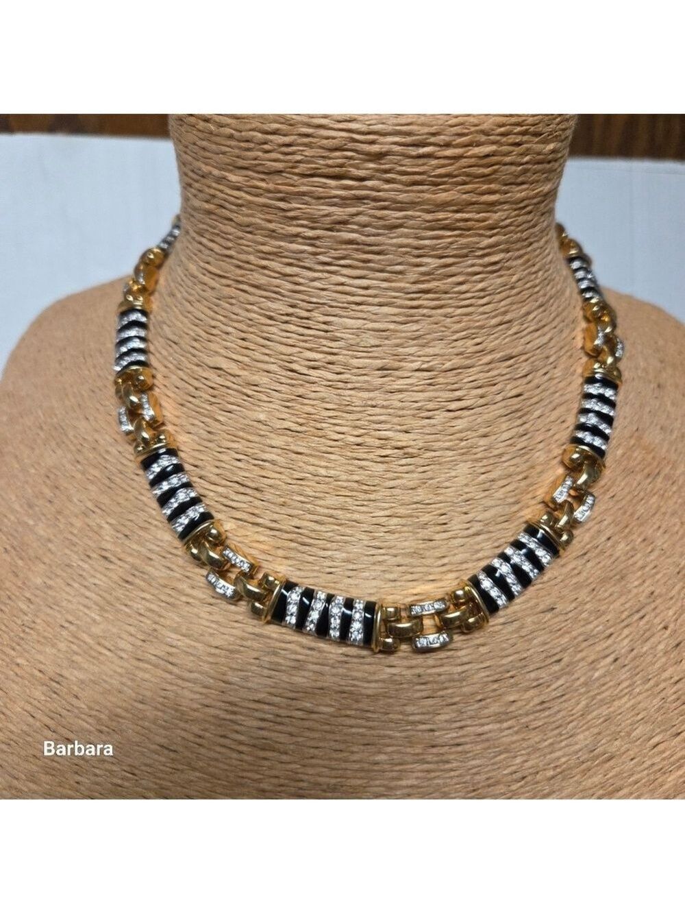 Vintage 90s Cabouchon Gold, Crystal & Black Enamel Zebra Link Choker Necklace